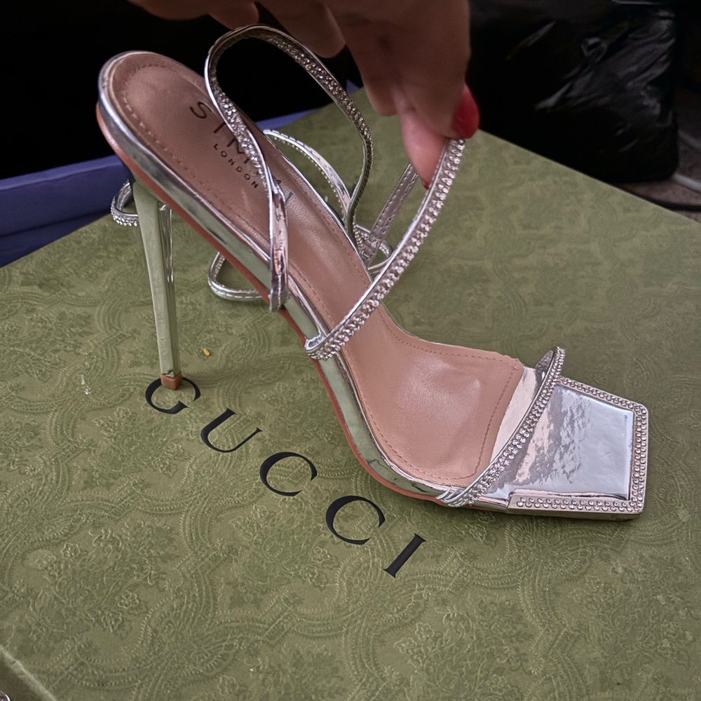Metallic/Silver rhinestone lace up heel